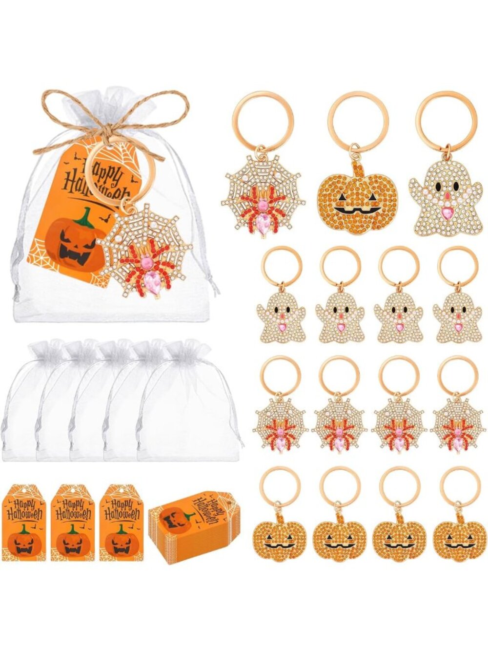 24-Pack Halloween Keychains - Spider Web, Pumpkin & Ghost Favors, Party Gifts
